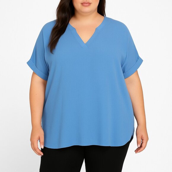 Glam womens blue short sleeve hi lo v neck pullover top size L - Picture 1 of 4